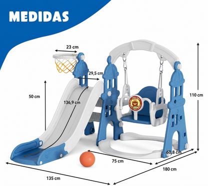 Mini Parque de Juegos 3 en 1 — Tobogán, Columpio y Aro de Básquet