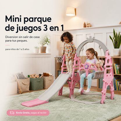 Mini Parque de Juegos 3 en 1 — Tobogán, Columpio y Aro de Básquet