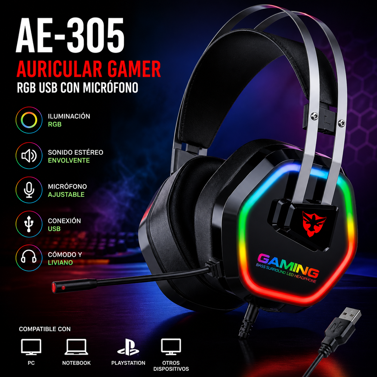 🎧 AURICULAR GAMER AE-305 RGB USB – SONIDO INMERSIVO Y ESTILO GAMER