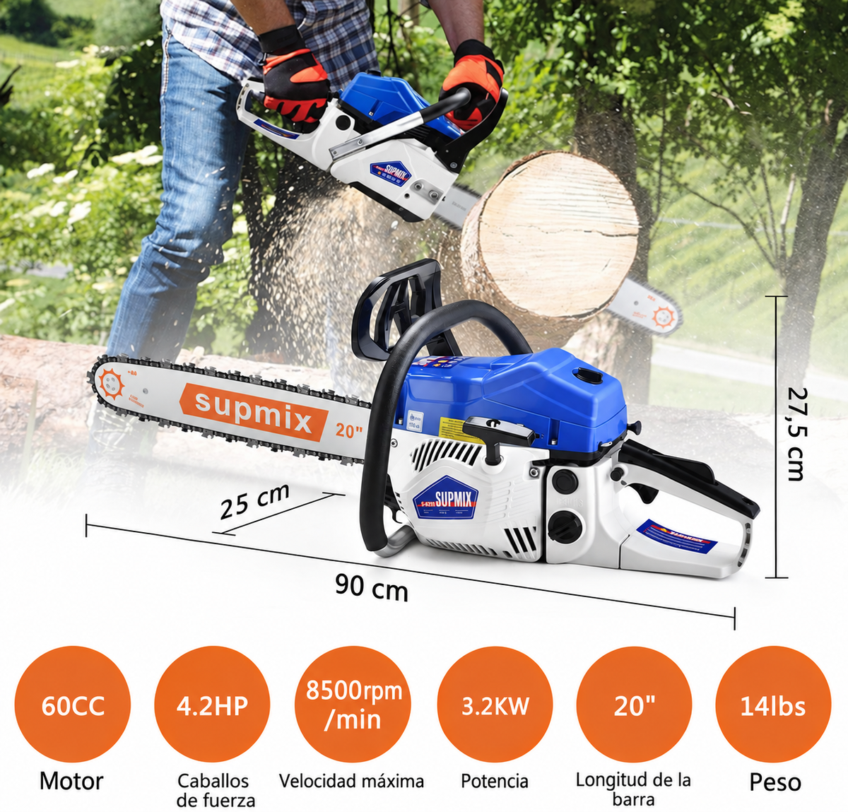 MOTOSIERRA SUPMIX TOOLS 62 cc — 20" | IMPORTADO DE USA | CALIDAD PREMIUM | RENDIMIENTO PROFESIONAL⚙️🔥