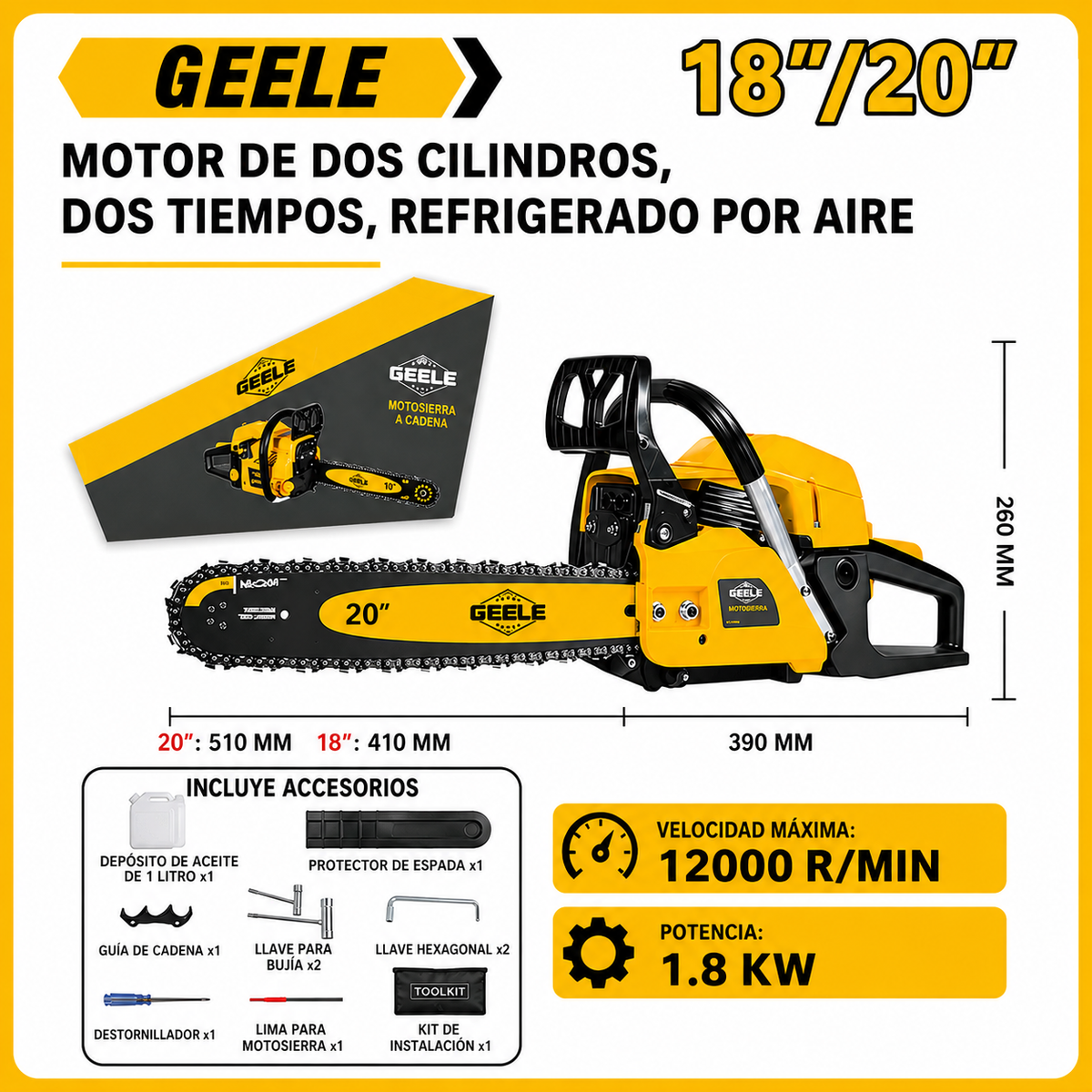 Motosierra Profesional GEELE G6-18 45.6cc 18 Pulgadas