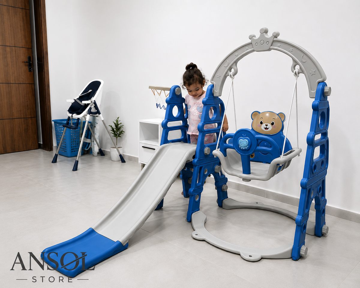 Mini Parque de Juegos 3 en 1 — Tobogán, Columpio y Aro de Básquet