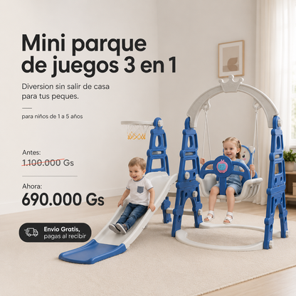 Mini Parque de Juegos 3 en 1 — Tobogán, Columpio y Aro de Básquet