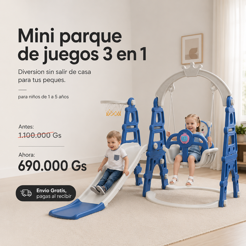 Mini Parque de Juegos 3 en 1 — Tobogán, Columpio y Aro de Básquet