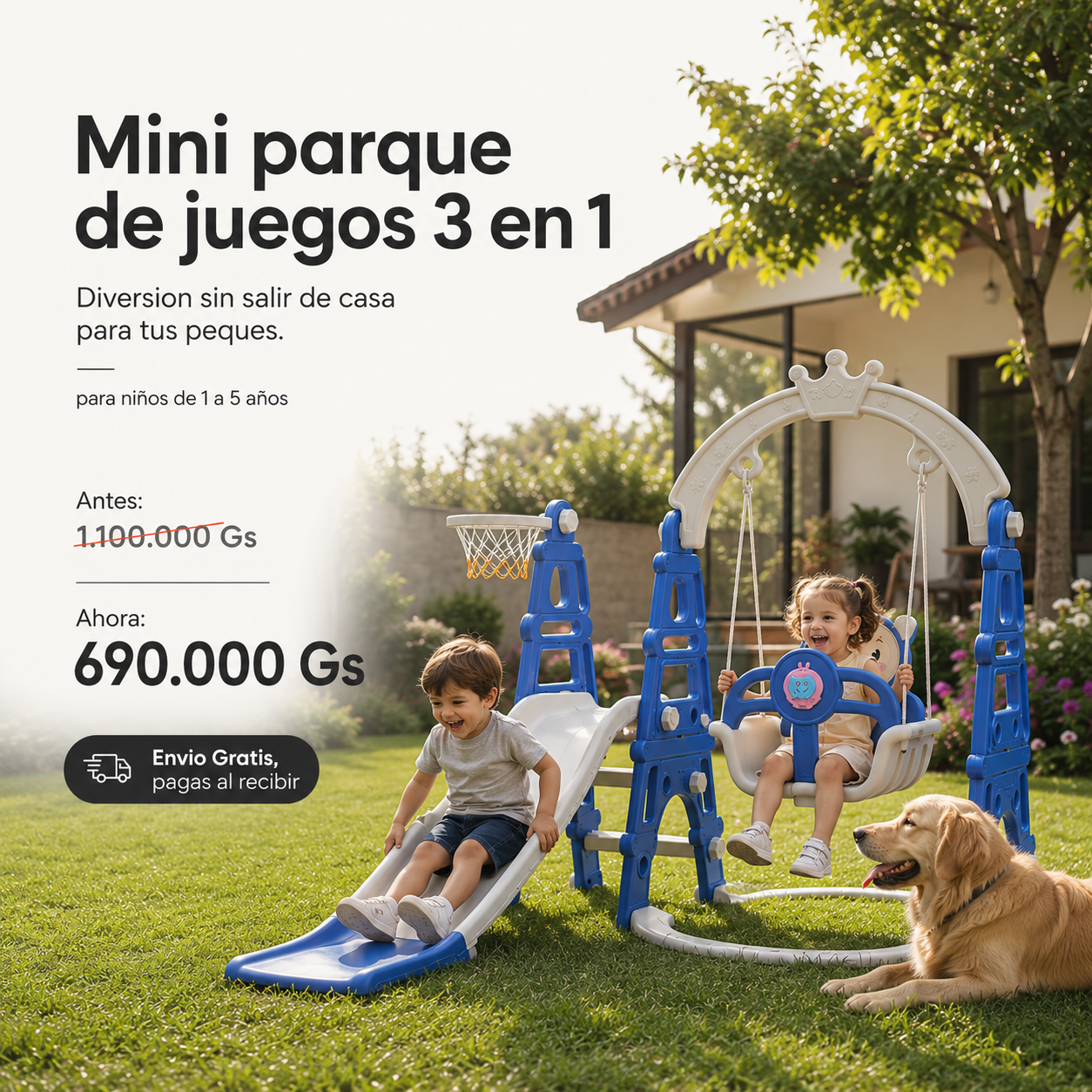 Mini Parque de Juegos 3 en 1 — Tobogán, Columpio y Aro de Básquet